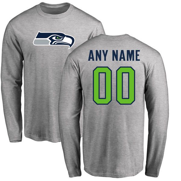 Men Seattle Seahawks NFL Pro Line Ash Custom Name and Number Logo Long Sleeve T-Shirt->nfl t-shirts->Sports Accessory